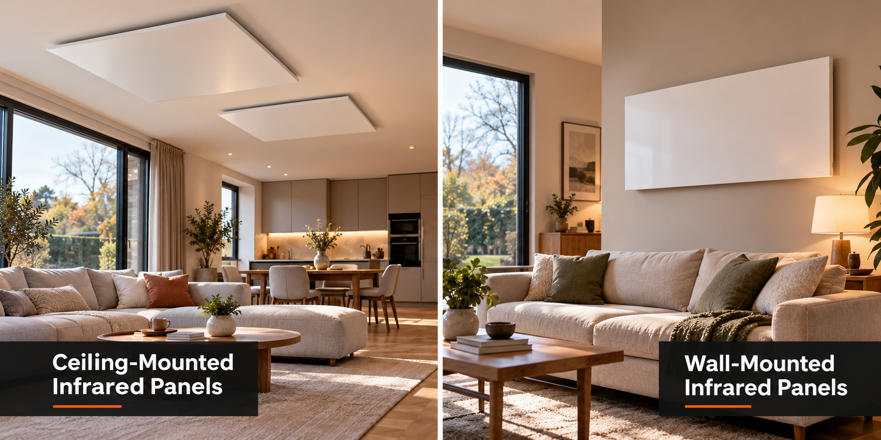Ceiling-mounted and wall-mounted infrared heating panels compared in modern interiors