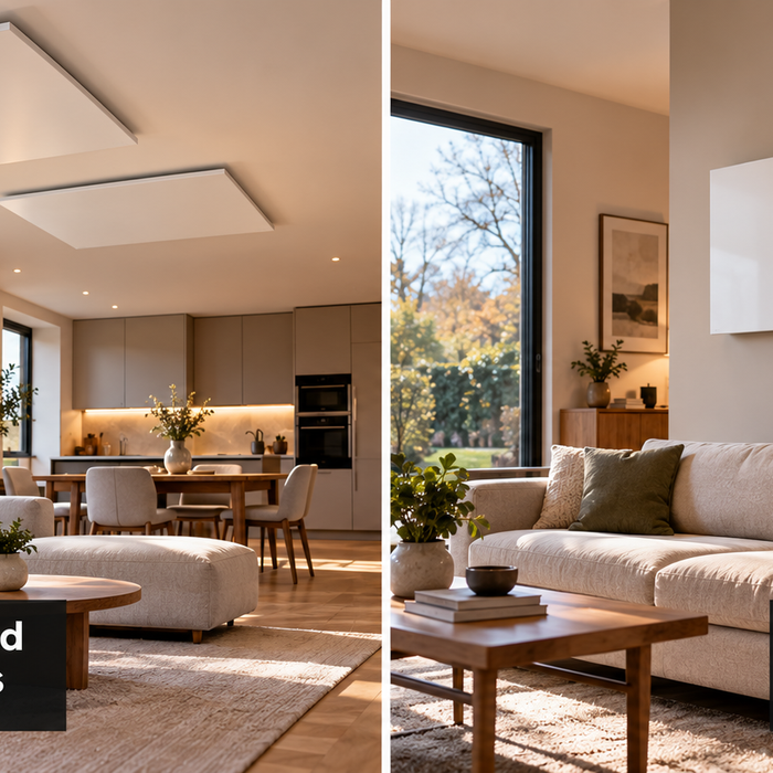 Ceiling-mounted and wall-mounted infrared heating panels compared in modern interiors