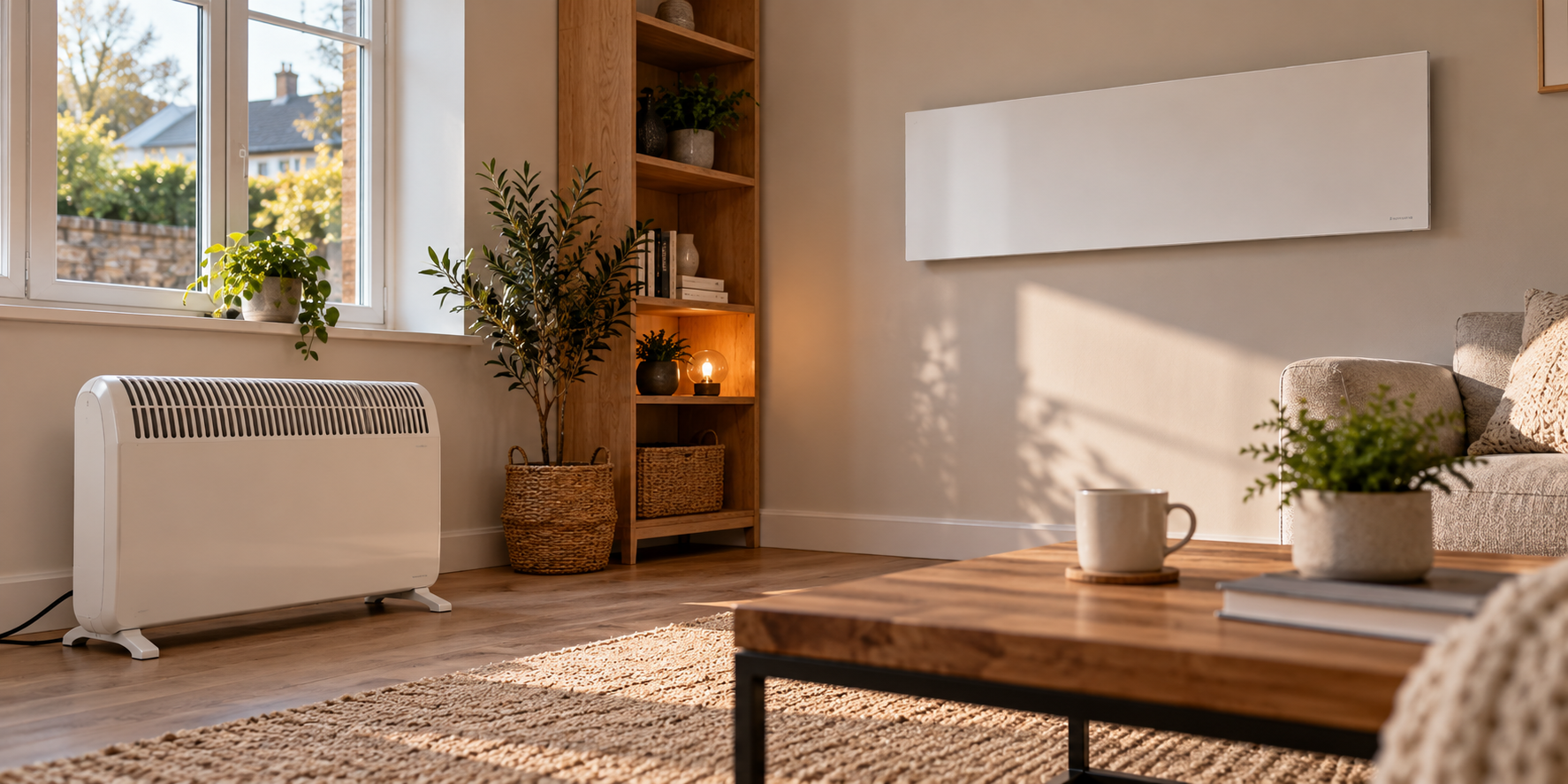 Infrared wall panel and electric convection heater compared in a modern UK living room