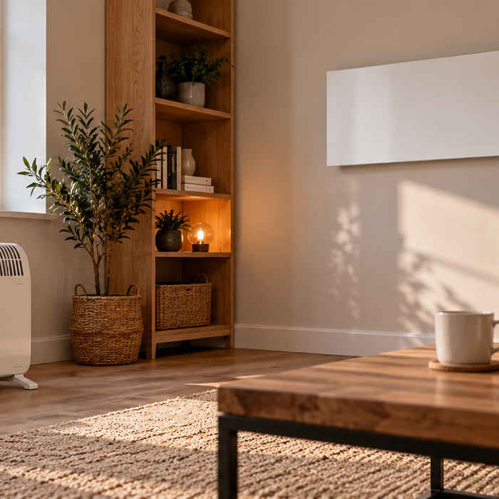 Infrared wall panel and electric convection heater compared in a modern UK living room