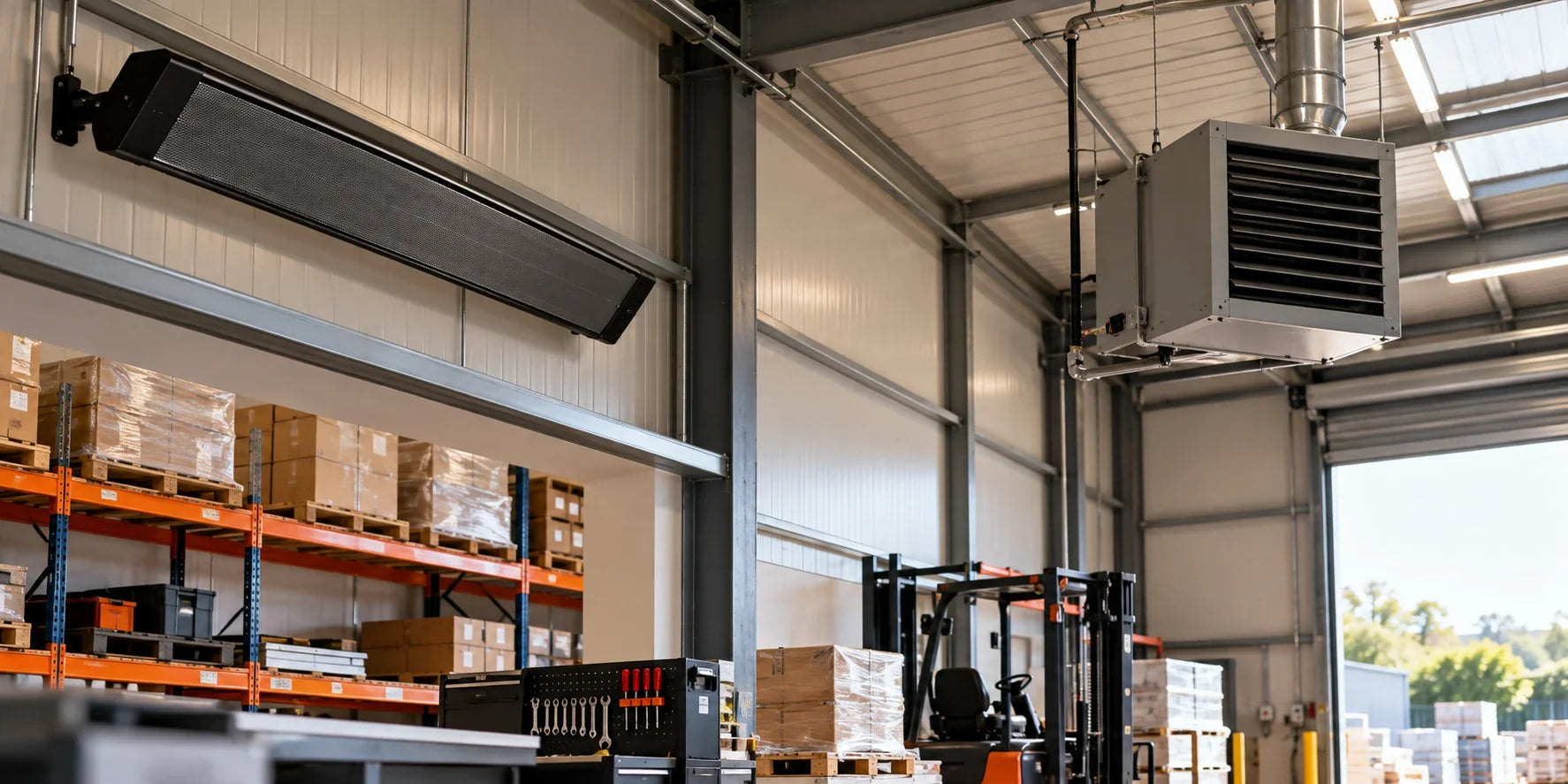 Infrared heater and warm air unit heater compared inside a large warehouse