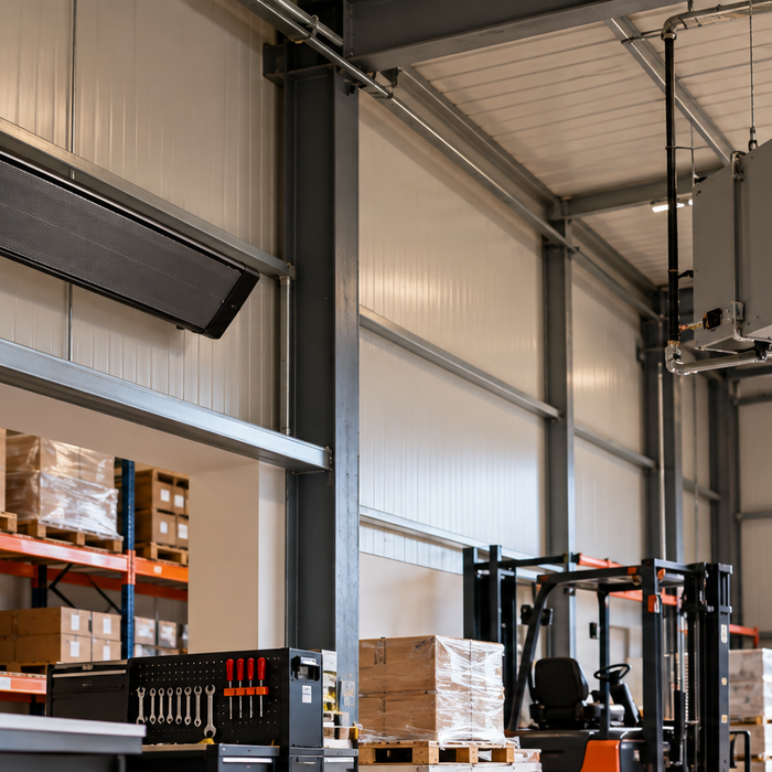 Infrared heater and warm air unit heater compared inside a large warehouse