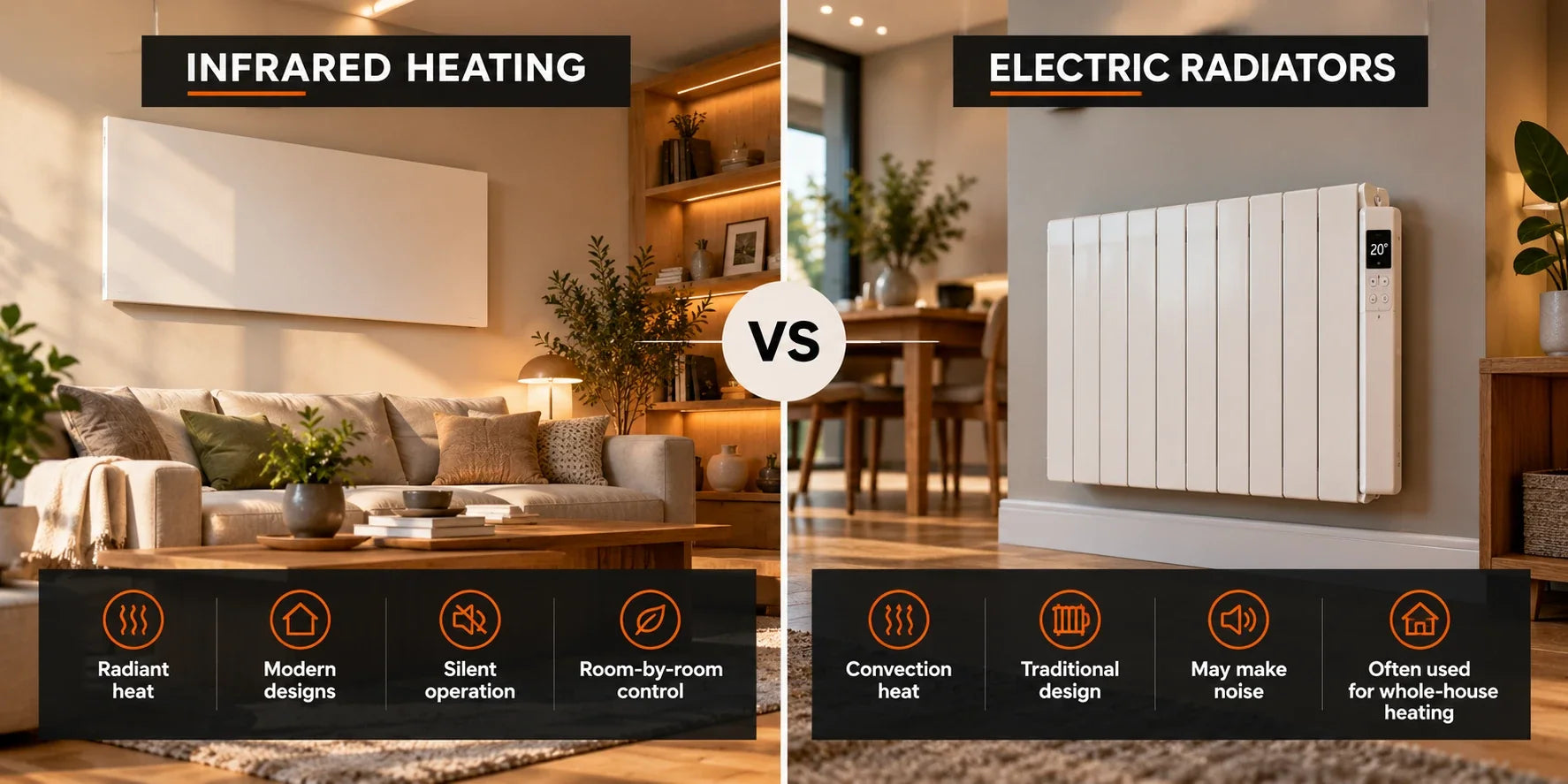Infrared heating panel compared with an electric radiator in modern UK homes