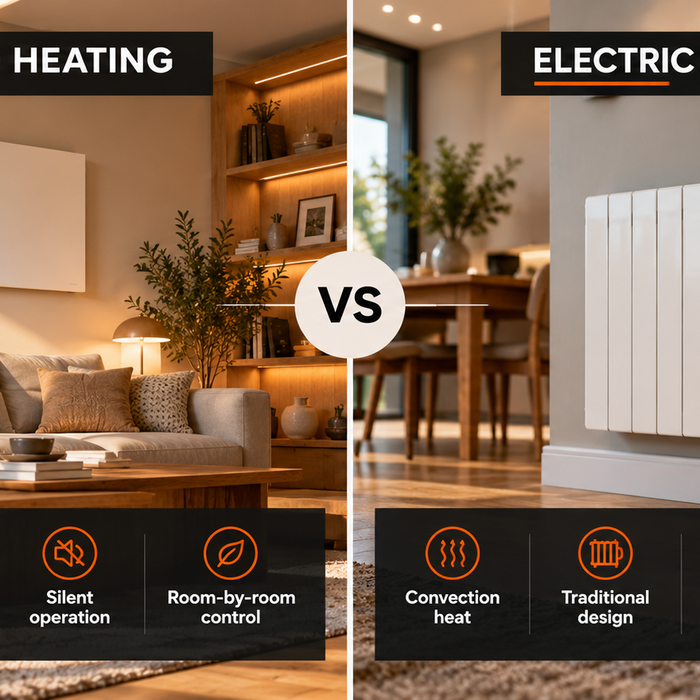 Infrared heating panel compared with an electric radiator in modern UK homes