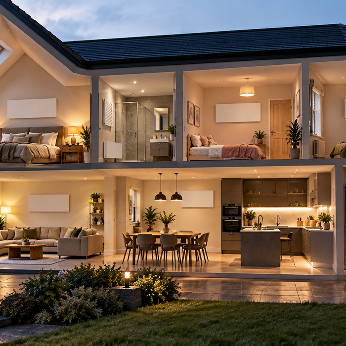 Whole-house infrared heating system across multiple rooms in a modern home