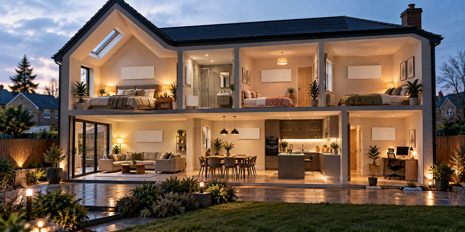 Whole-house infrared heating system across multiple rooms in a modern home