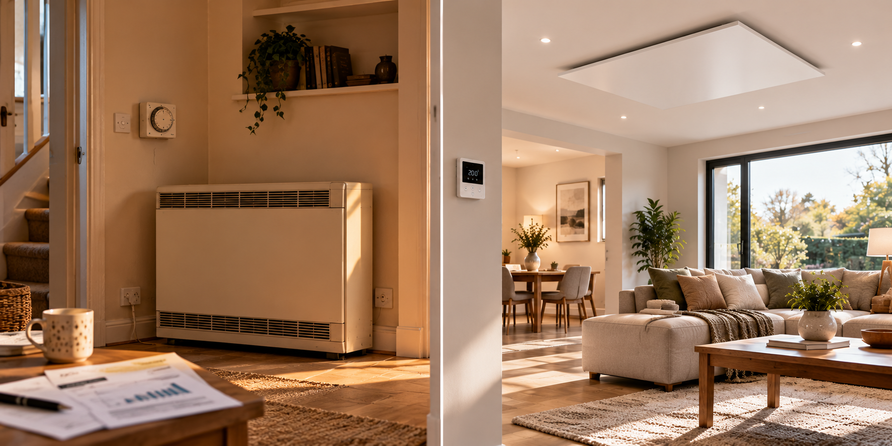 Traditional electric storage heater compared with modern ceiling-mounted infrared heating