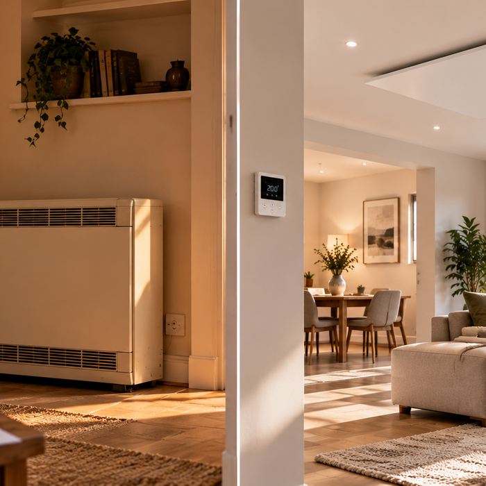 Traditional electric storage heater compared with modern ceiling-mounted infrared heating