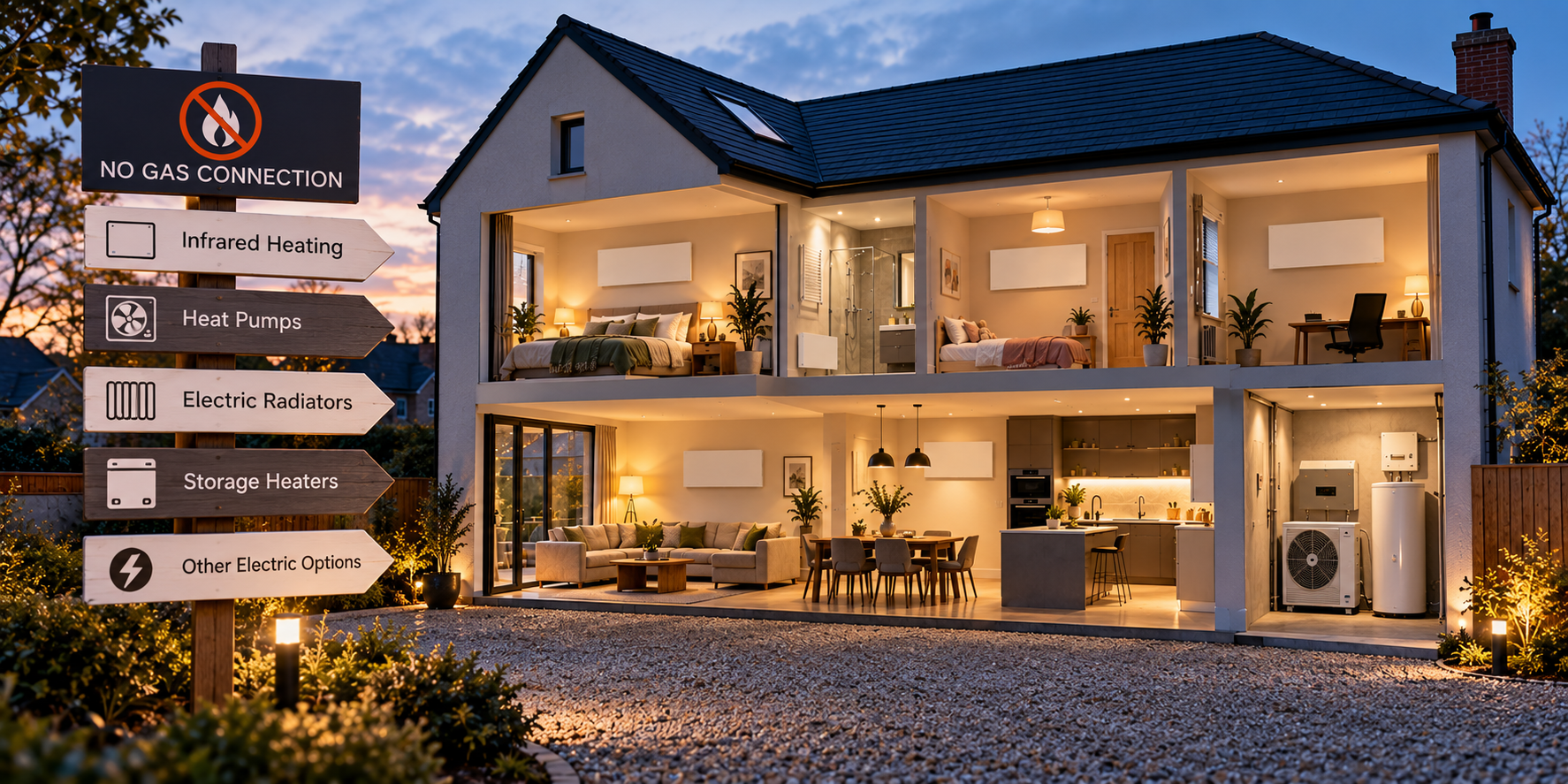 UK house without a gas connection showing different electric heating options