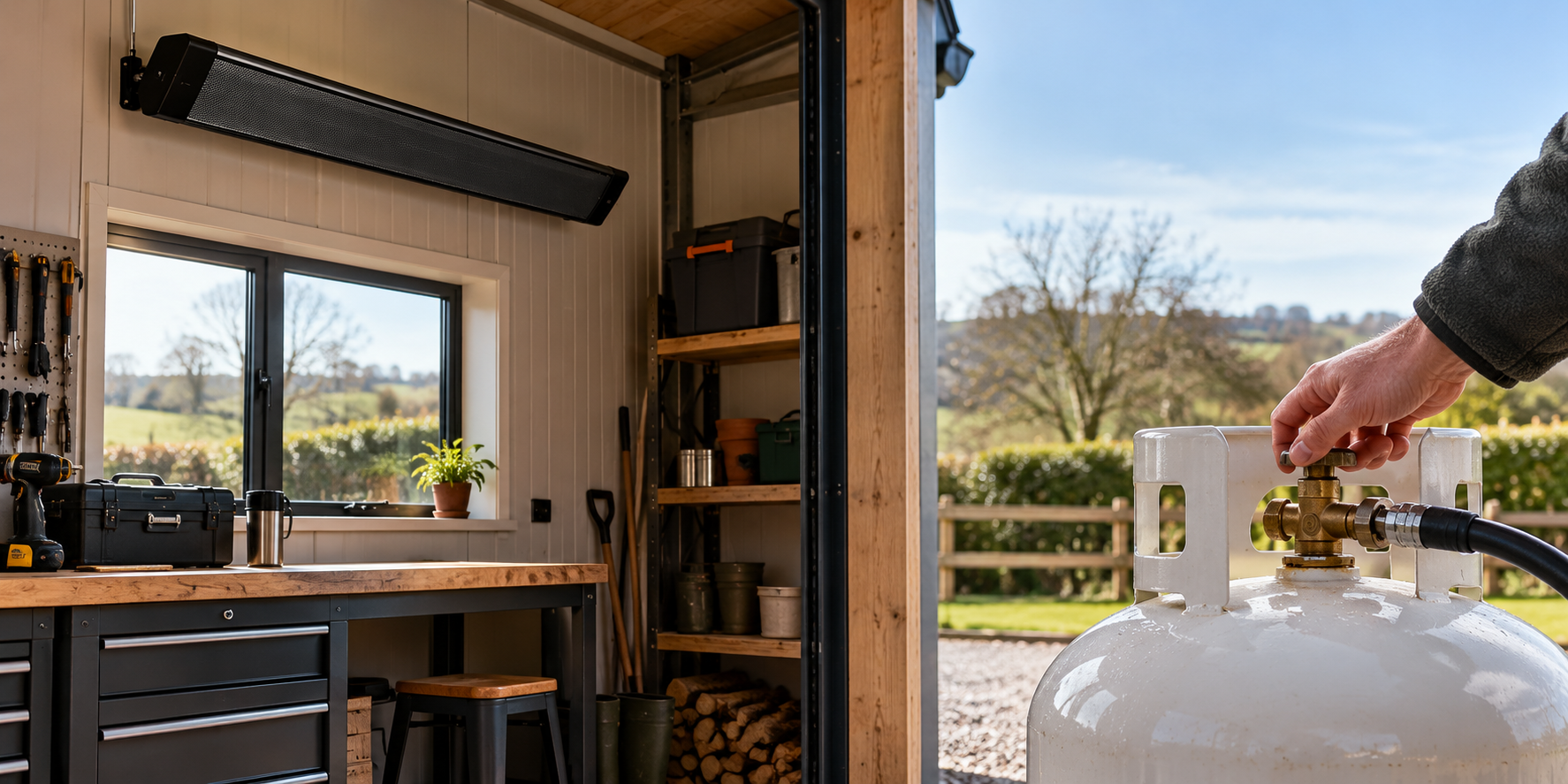 Rural UK workshop comparing infrared heating with propane heating