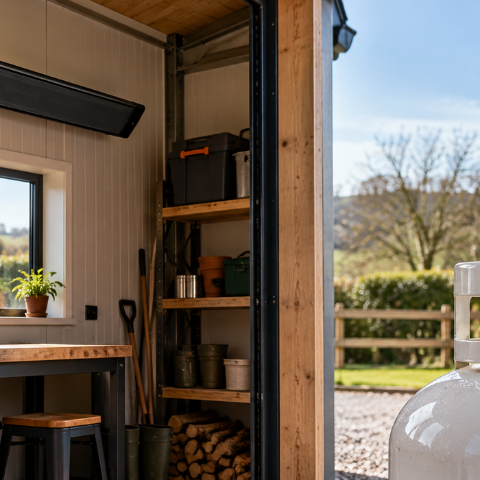 Rural UK workshop comparing infrared heating with propane heating