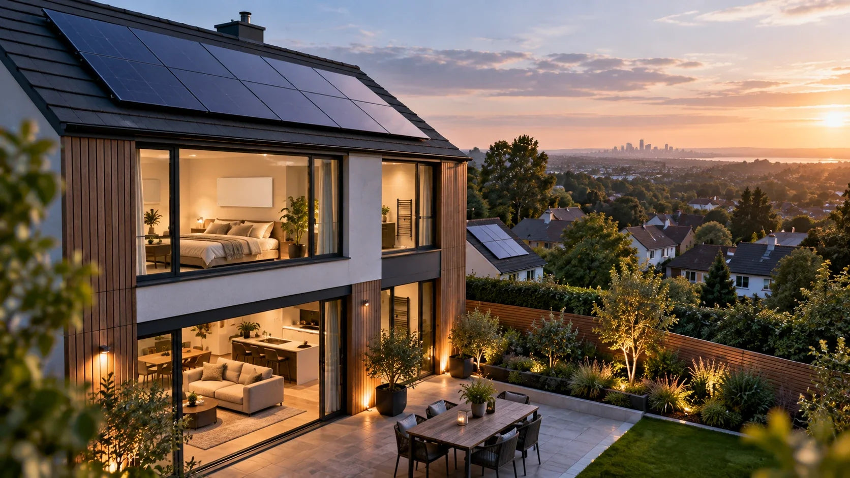 modern house showing solar power, infrared heating