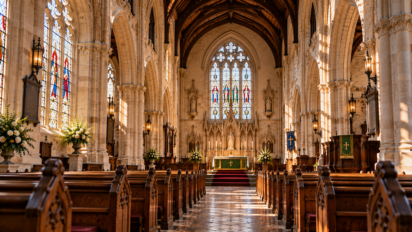 Historic UK church interior with high ceilings and wooden pews