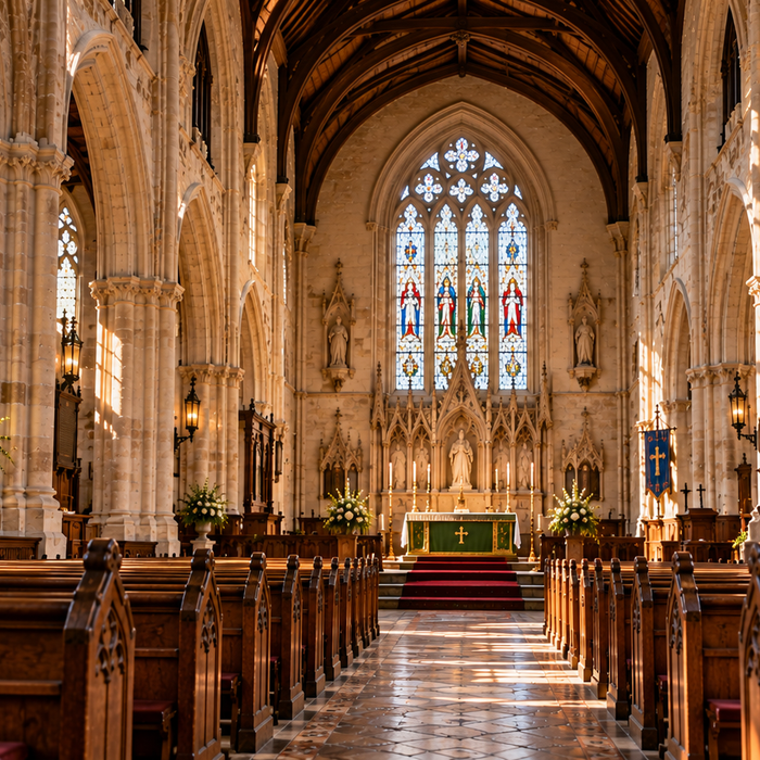 Historic UK church interior with high ceilings and wooden pews