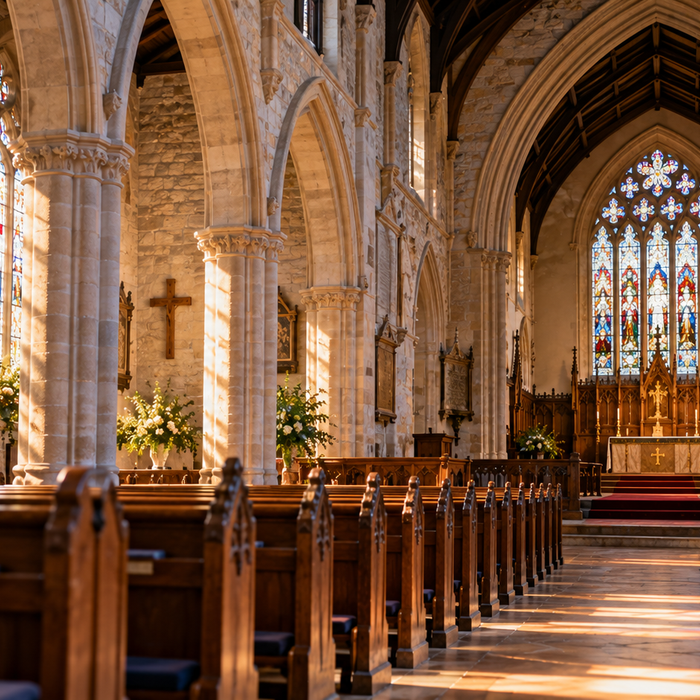 Historic church interior comparing infrared and traditional church heating systems