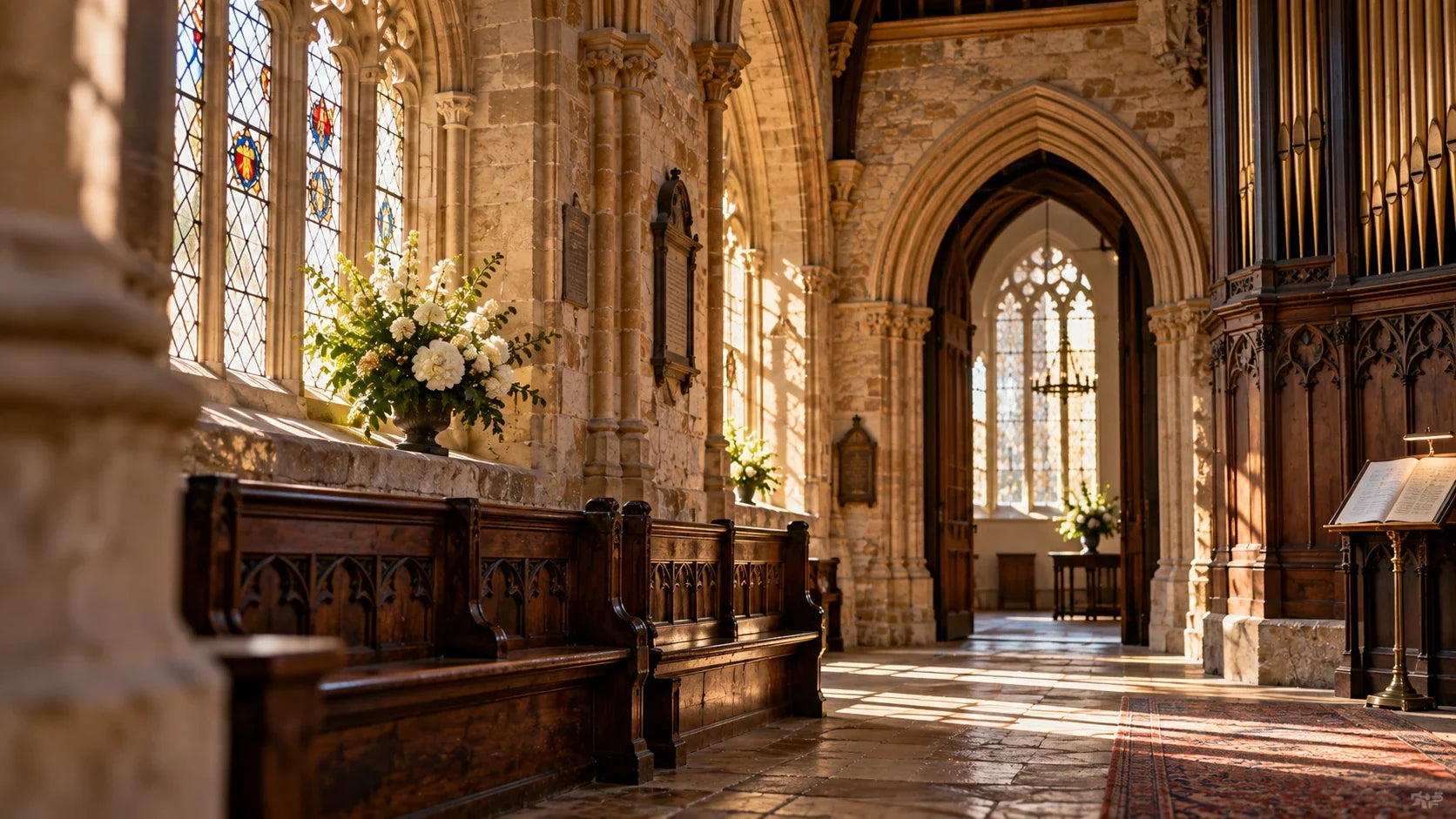 Historic heritage building interior with stonework, timber features and stained glass