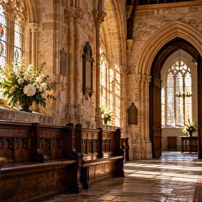 Historic heritage building interior with stonework, timber features and stained glass