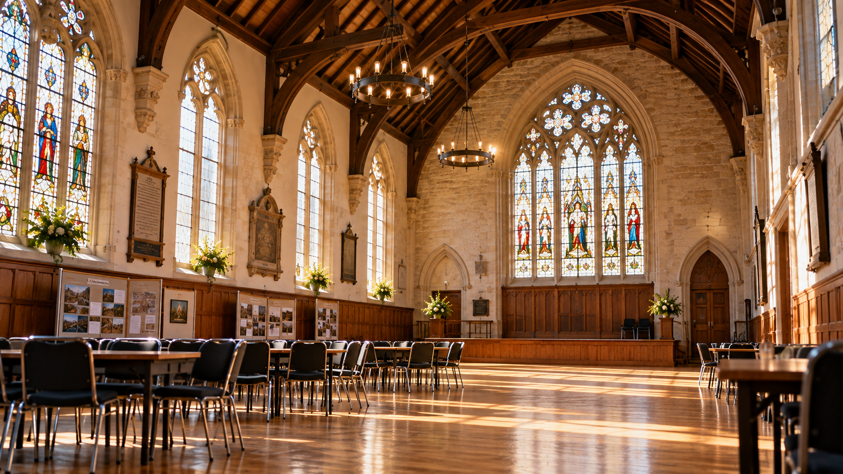 Historic public hall illustrating infrared heating for large community and heritage buildings