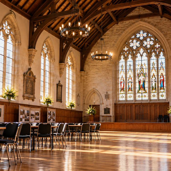 Historic public hall illustrating infrared heating for large community and heritage buildings