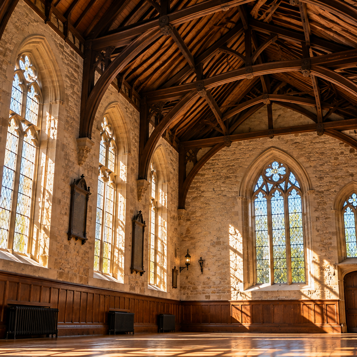 Large historic hall with high vaulted ceiling illustrating the challenge of heating tall spaces