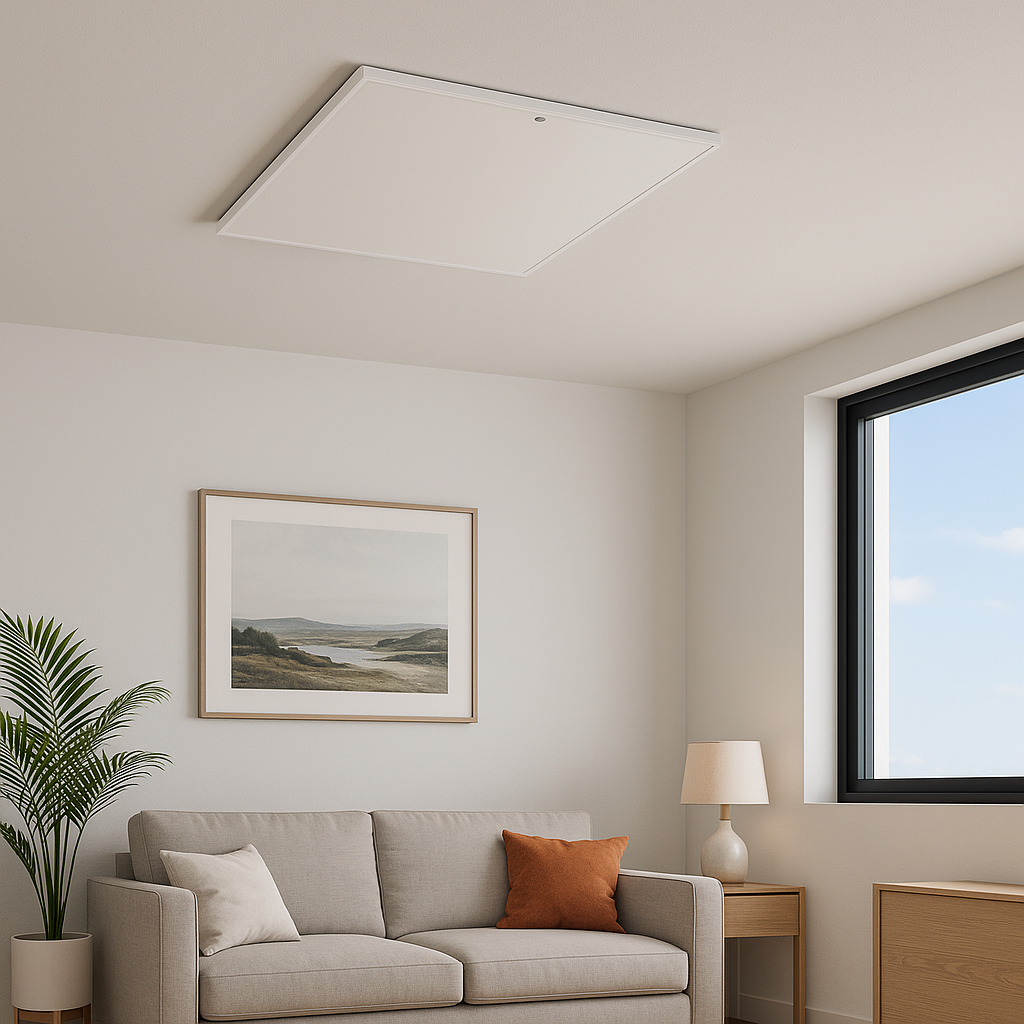 picture showing ceiling mounted infrared heating panels installed in a modern room