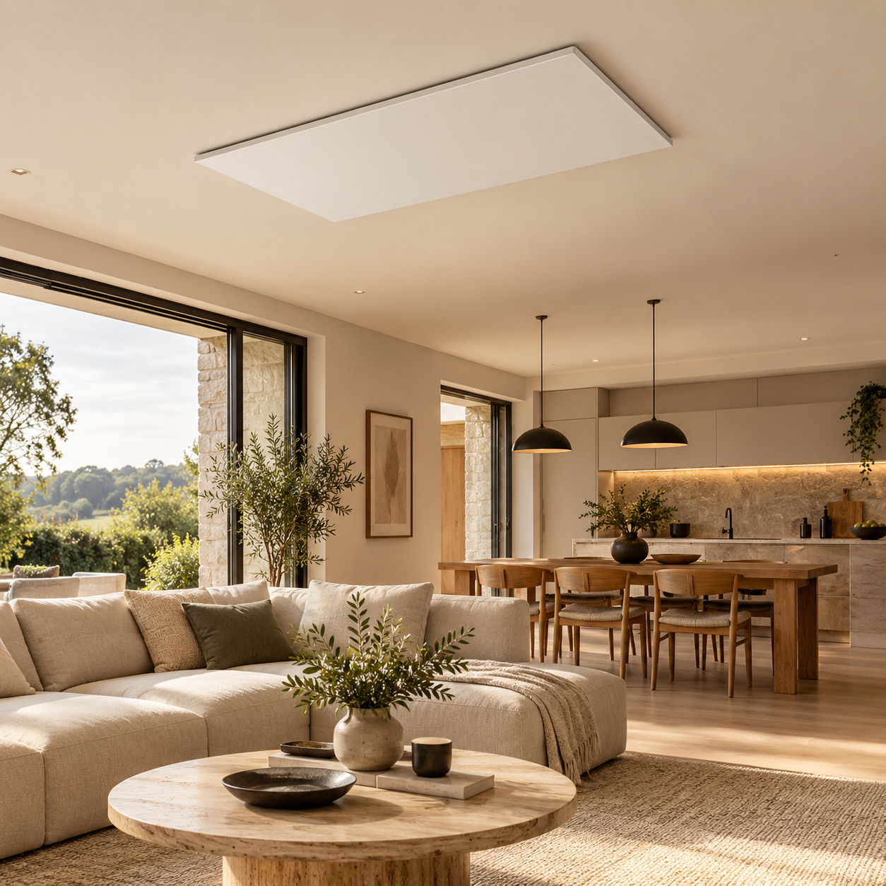 White infrared heating panel installed on a modern ceiling