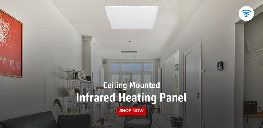 picture showing ceiling mounted infrared heating panels installed in a modern room