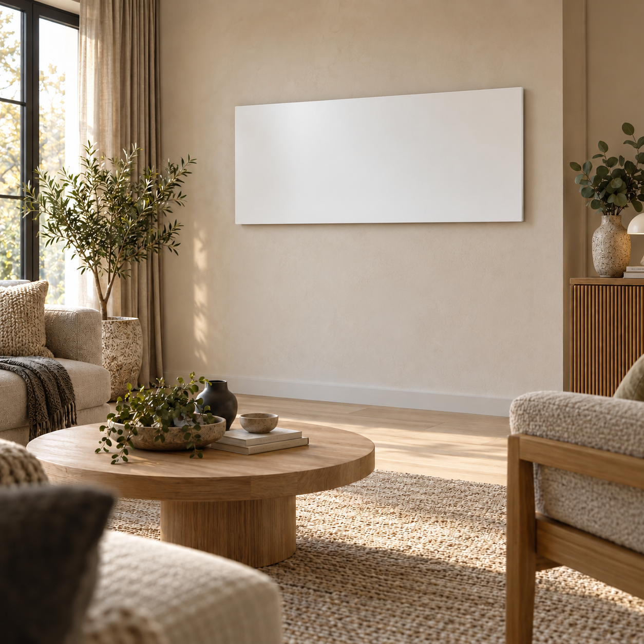 Minimalist home office with wooden desk, computer, plants, and chair against a white wall with vertical paneling and large frame.