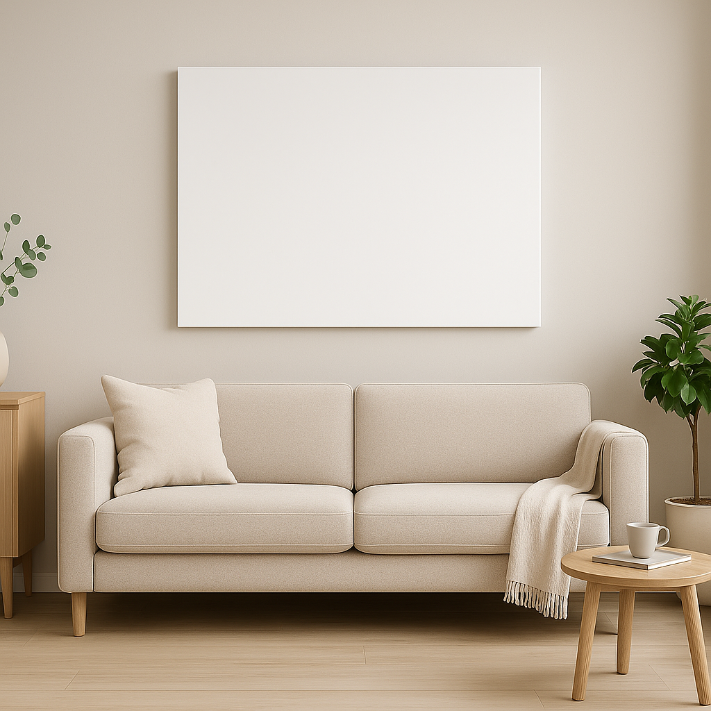 picture showing a frameless infrared heating panel radiating nice comfortable warmth in a sleek beautiful room