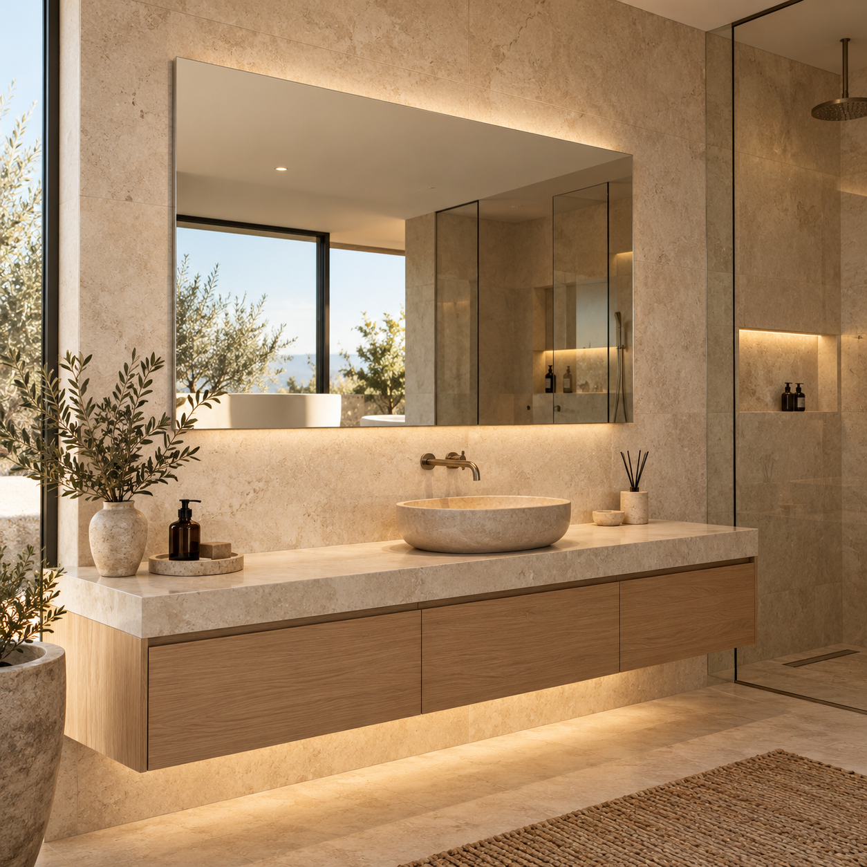 Modern bathroom with textured grey wall, round mirror, minimalist white sink, black faucet, and toiletries on a shelf.