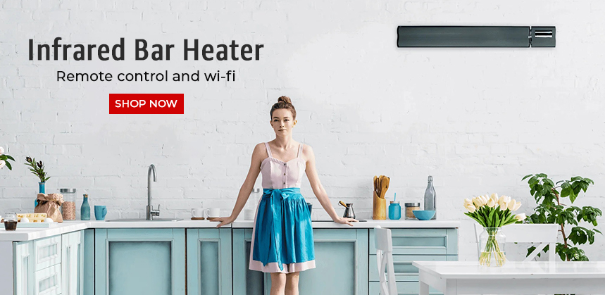 A woman in a blue apron stands in a stylish, light blue kitchen with white walls, art, and dining table with flowers.