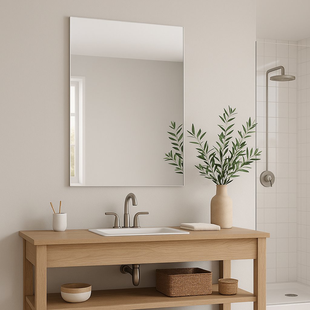 Modern bathroom with textured grey wall, round mirror, minimalist white sink, black faucet, and toiletries on a shelf.