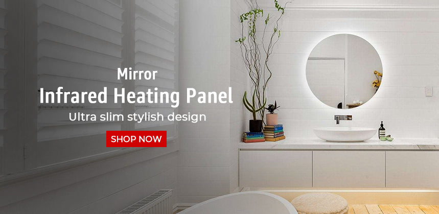 Modern bathroom with textured grey wall, round mirror, minimalist white sink, black faucet, and toiletries on a shelf.