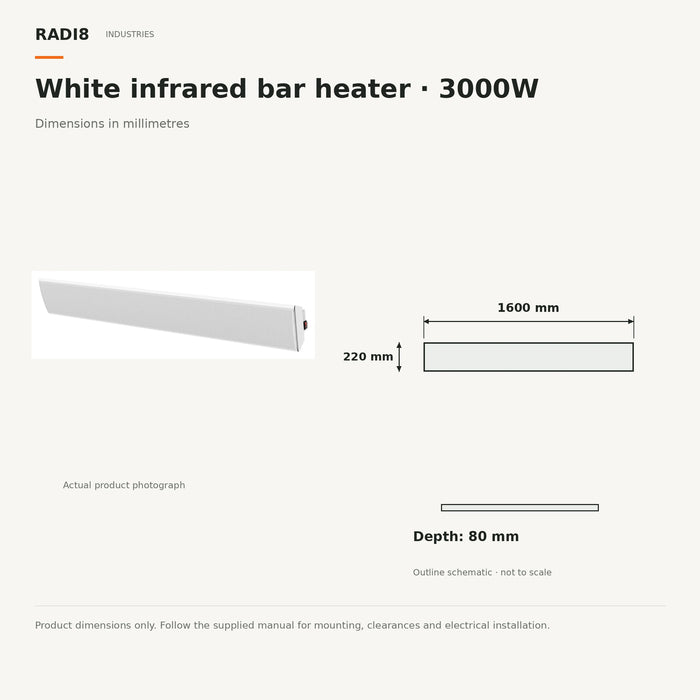 Barre chauffante infrarouge blanche de 1,6 mètre | Sans télécommande | 3000 W 