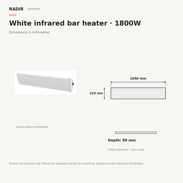 Barre chauffante infrarouge blanche de 1 mètre | Sans télécommande | 1800 W 