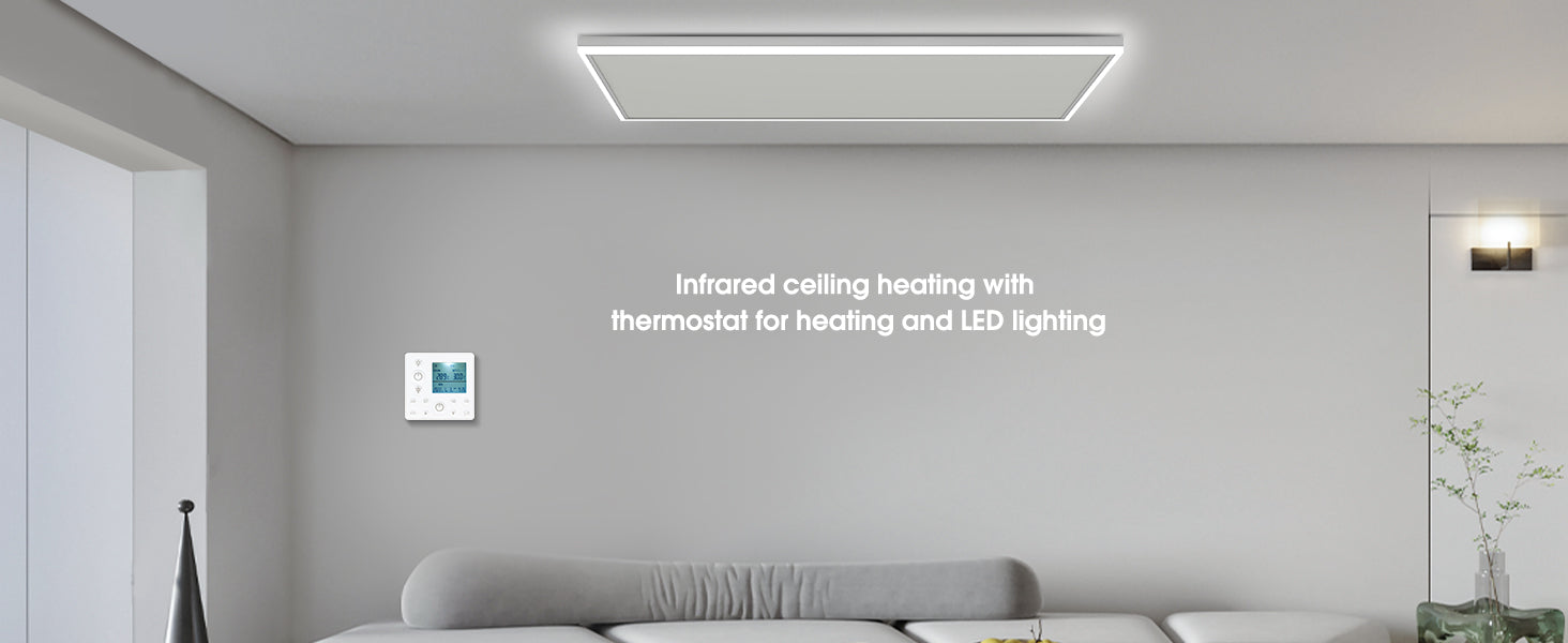 infrared heating panel with led light installed in a living room with remote control thermostat