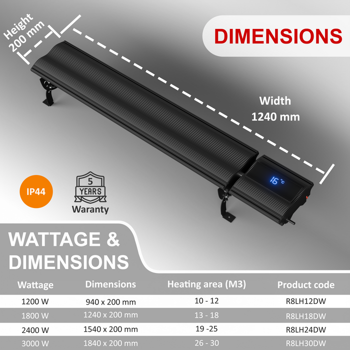 4ft Infrared Bar Heater | Built in Thermostat, LED Display | 1800W | Remote control and Wi-Fi