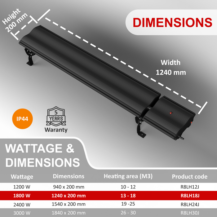 4ft Infrared Bar Heater | No Remote | 1800w