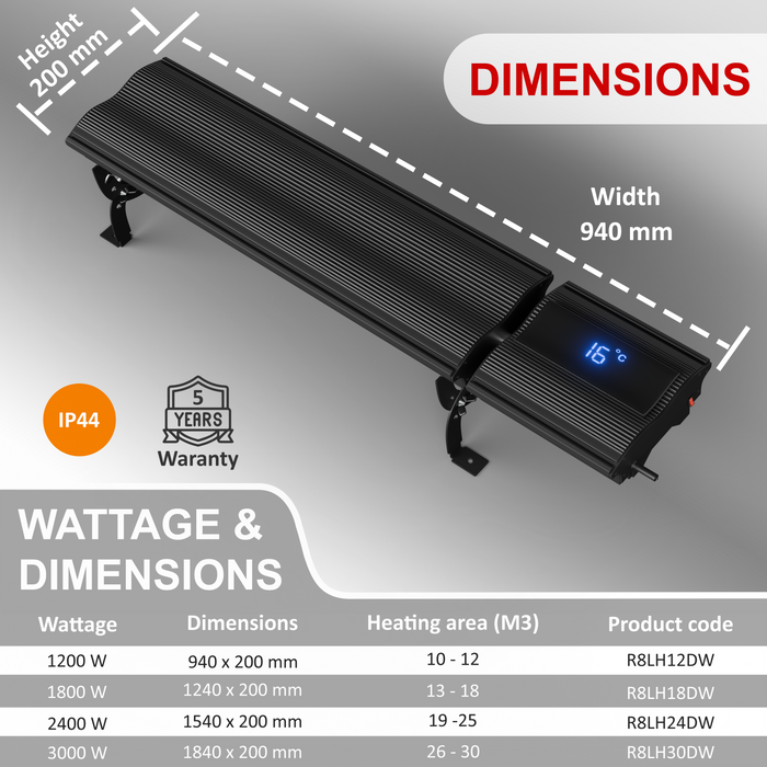 3ft Infrared Bar Heater | Built in Thermostat, LED Display | 1200W | Remote control and wi-fi