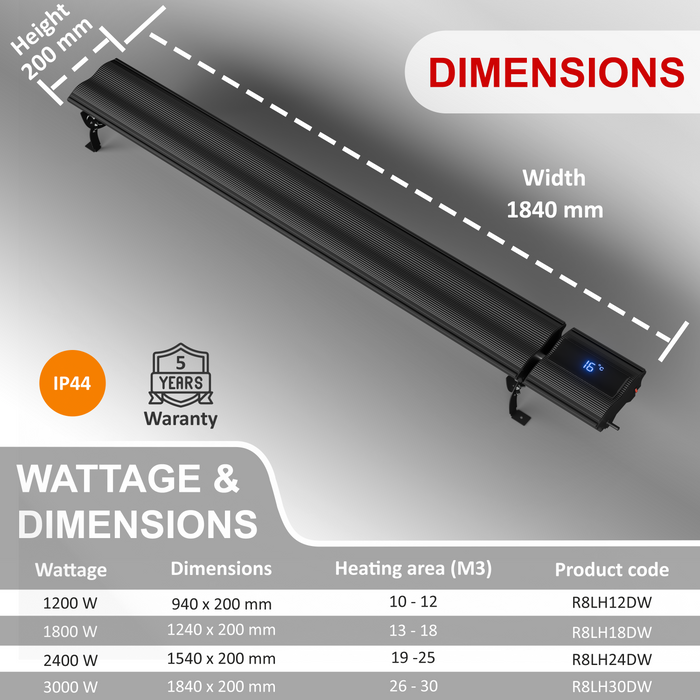6ft Infrared Bar Heater | Built in Thermostat, LED Display | 3000W | Remote control and Wi-Fi