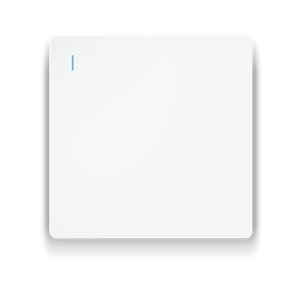 White rectangular light switch with a blue indicator light on a white background