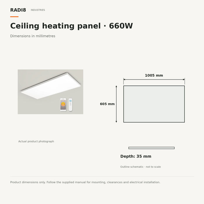 Panneau chauffant infrarouge de plafond | (1005 x 605 mm) 660 W | Thermostat intégré - Wi-Fi