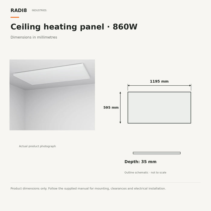 RADI8 860W ceiling panel dimensions — 1195 × 595 × 35 mm.