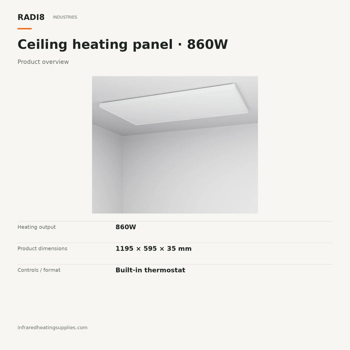 RADI8 860W ceiling infrared heating panel with built-in thermostat — product overview.