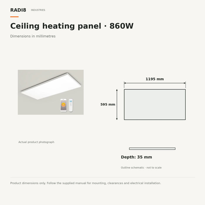 Panneau chauffant infrarouge de plafond | (1195 x 595 mm) 860 W | Thermostat intégré - Wi-Fi