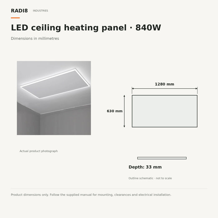Panneau chauffant infrarouge à fixation plafond | 840 W | Éclairage LED et thermostat intégré | 1280 x 630 mm