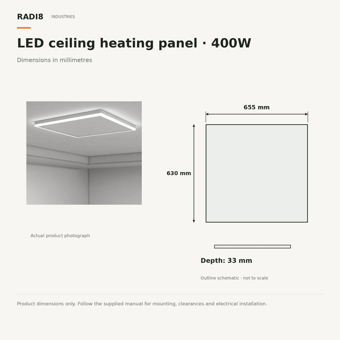 Panel calefactor infrarrojo de techo | 400 W | Luz LED y termostato wifi | 655 x 630 mm