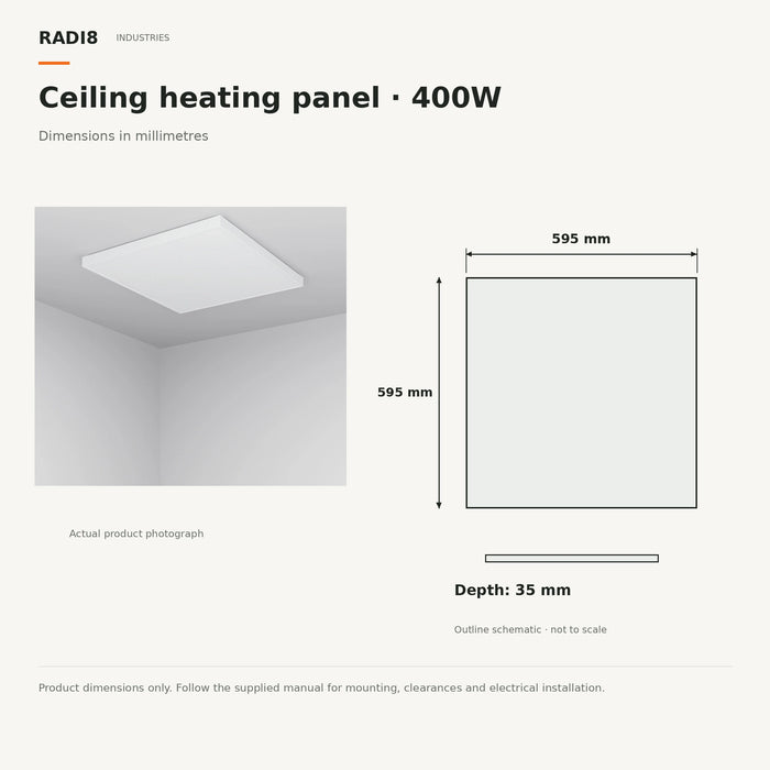 Panneau chauffant infrarouge de plafond | (595 x 595 mm) 400 W | Thermostat intégré - Wi-Fi