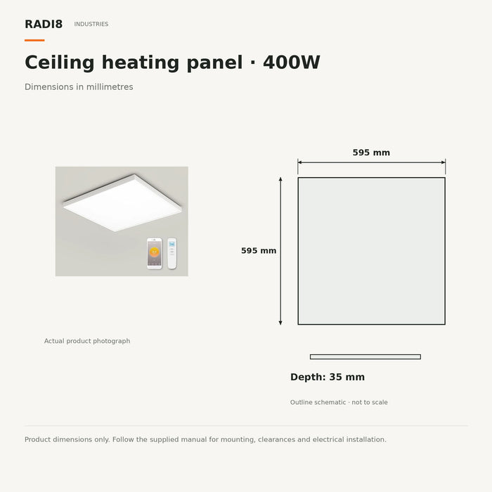 Panneau chauffant infrarouge de plafond | (595 x 595 mm) 400 W | Thermostat intégré - Wi-Fi