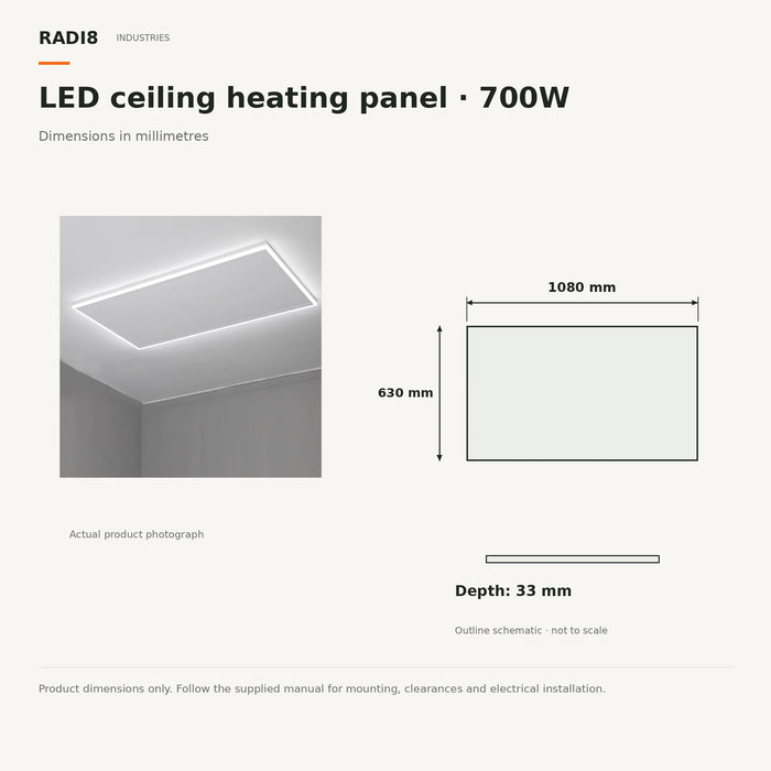 Panneau chauffant infrarouge de plafond | 700 W | Éclairage LED et thermostat Wi-Fi | 1080 x 630 mm